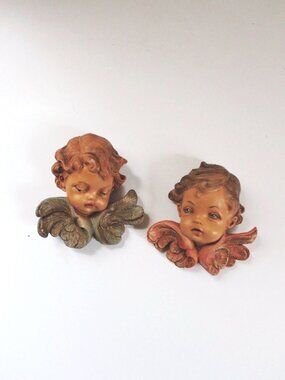 Vintage Fontanini Winged Cherub Heads Angels Pair Wall Plaques Italy Hand Painte